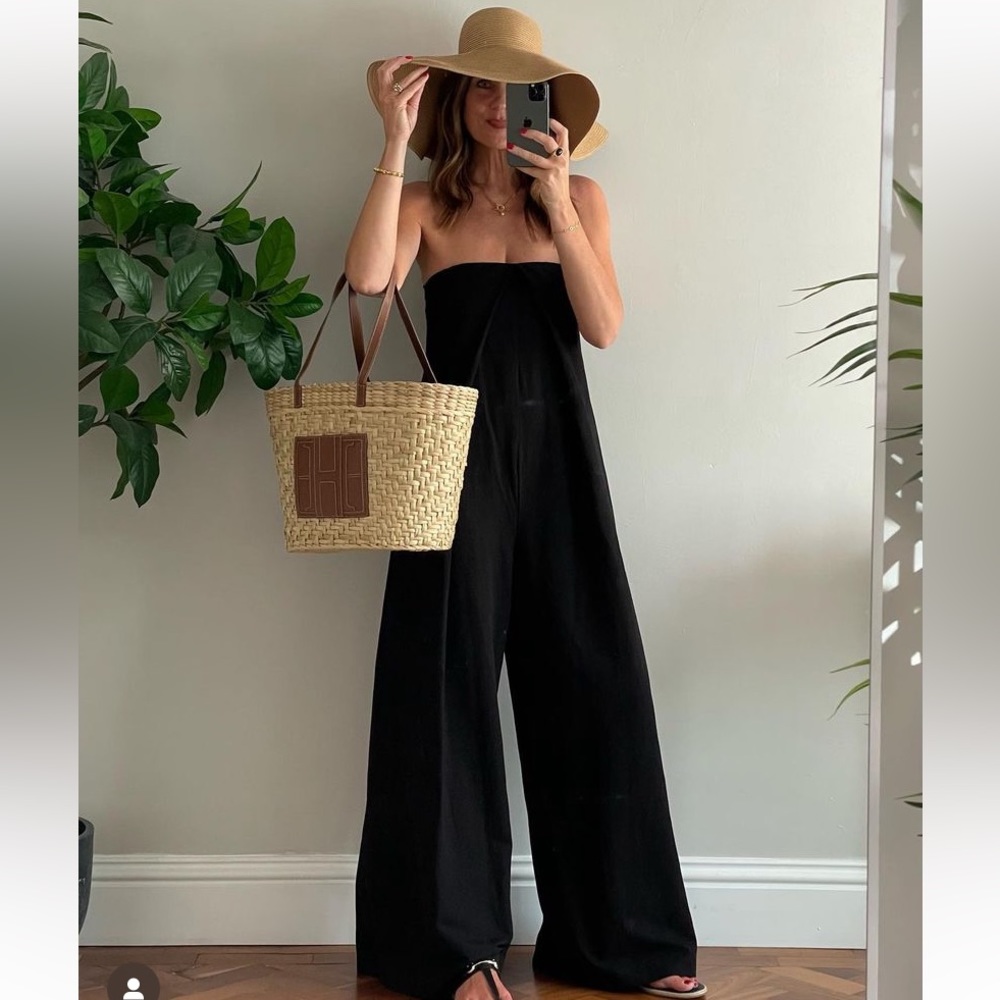 ZARA strapless wide leg linen blend long jumpsuit blogger favorite